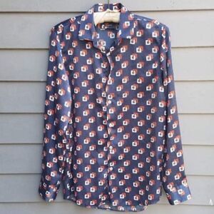 Zara Red White Blue Button Down Long Sleeve Blouse see measurements